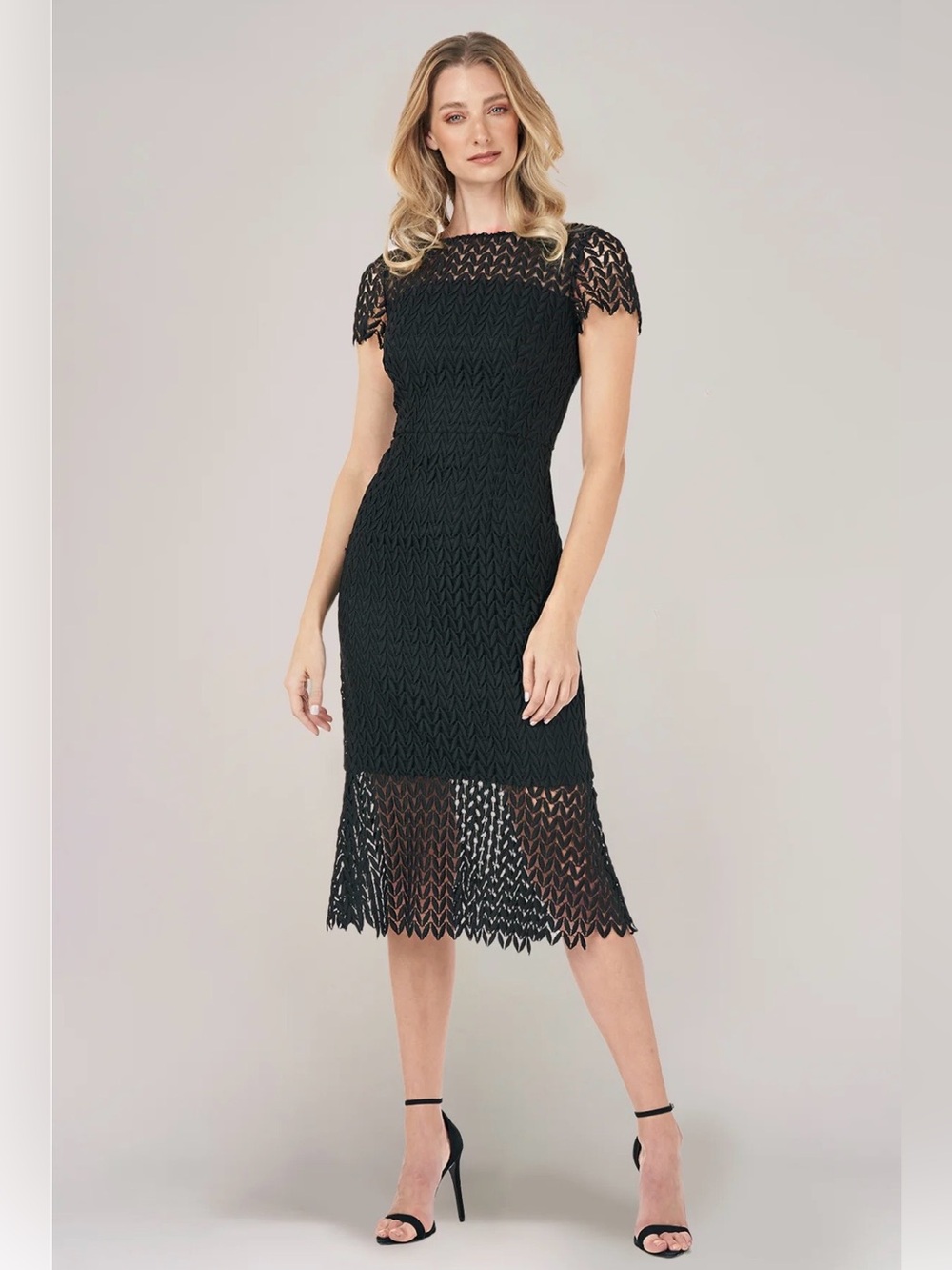 Kay Unger Black Crochet Lace Midi Dress
